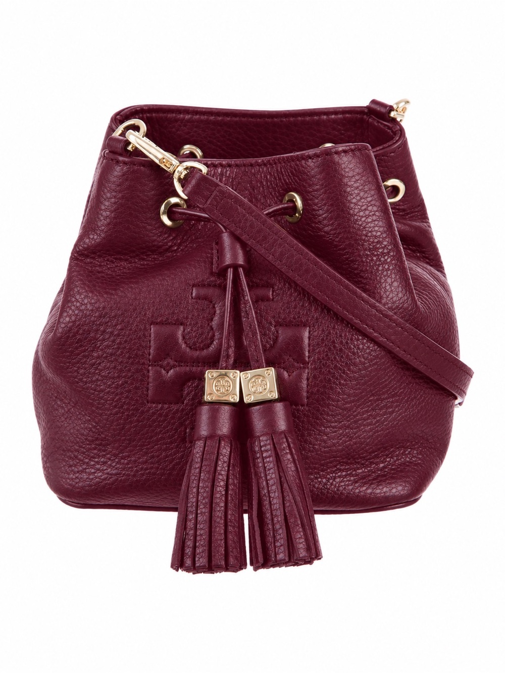 Tory Burch Thea Mini Leather Crossbody Bucket Purse Cabernet Burgundy